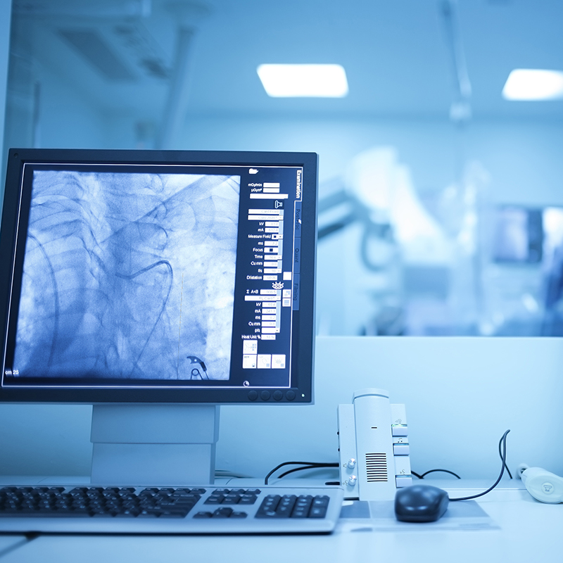 View of modern medical X-ray operating room (cath lab).