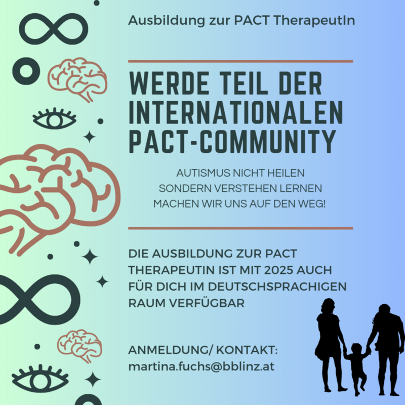 Werde Teil der internationalen PACT-Community! - Die Ausbildung zur PACT Therapeut*in ist mit 2025 auch für dich im deutschsprachigen Raum verfügbar! Anmeldung/Kontakt: martina.fuchs@bblinz.at