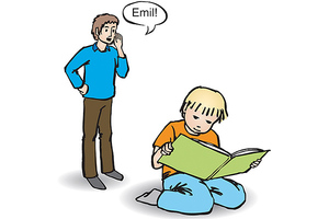 Die Illustration zeigt einen Vater und einen Bub, der gespannt ein Buch liest.