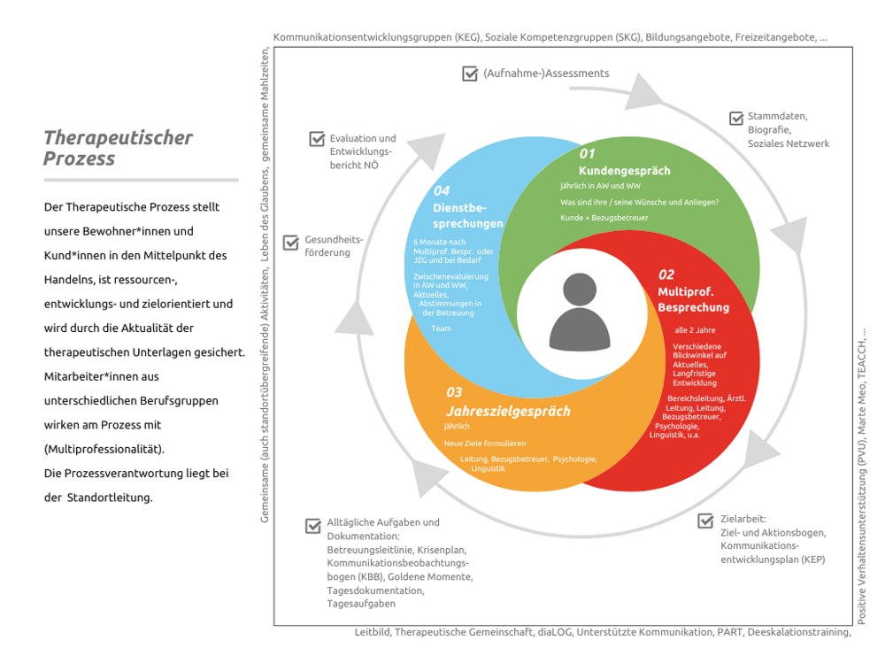 Grafische Darstellung des Therapeutischen Prozesses. Der Mensch steht im Mittelpunkt und rund herum werden die verschiedenen Prozessinhalte dargestellt