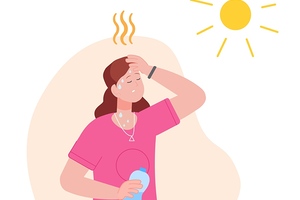 Dehydration from heat. Dehydrated woman on summer sunlight with heatstroke, cartoon sweaty person outdoor hot temperature sun weather, symptom water exhaustion vector illustration of woman dehydration