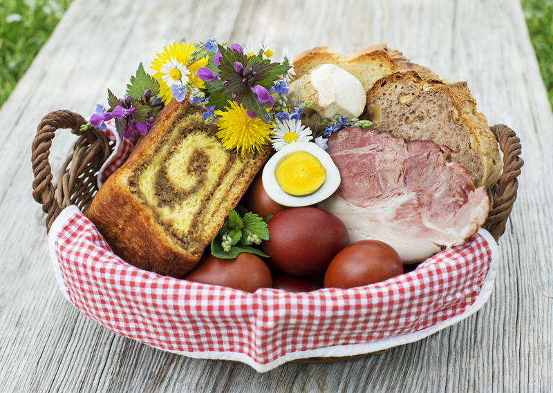 Easter / Dusan Zidar Easter traditional food with ham, eggs and bread in basket. Holidays background outdoor