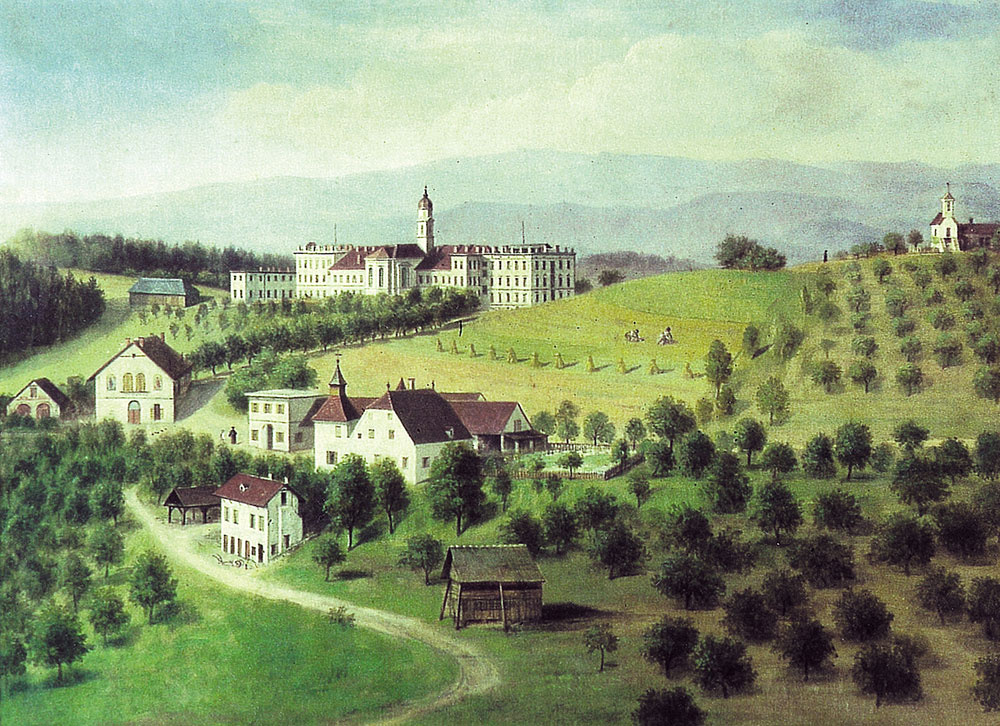 Das Bild zeigt eine alte, gemalte Ansicht der Lebenswelt Kainbach