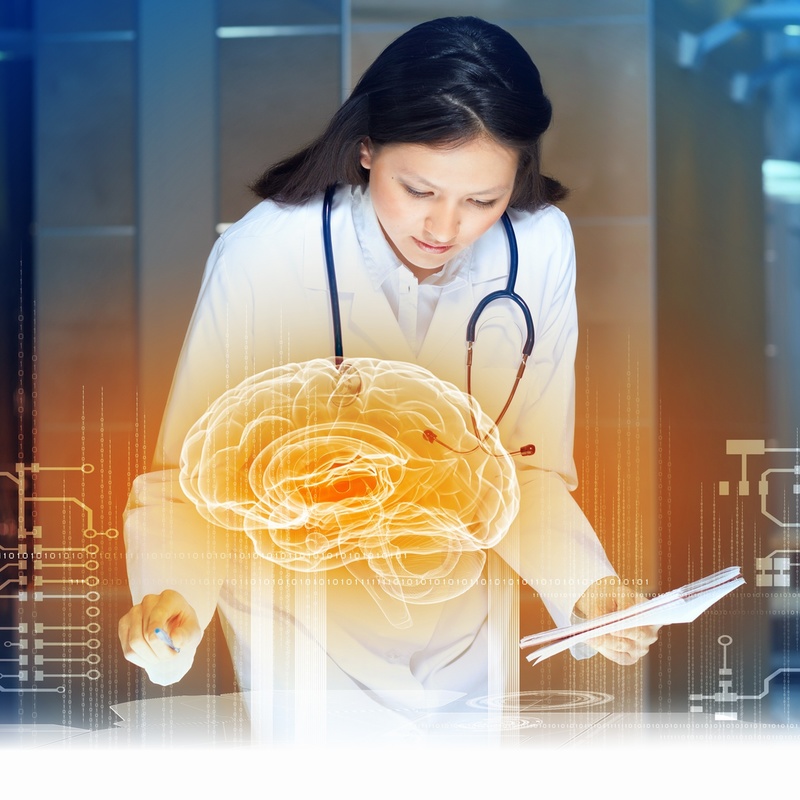 Das Image-Bild zeigt eine Ärztin und ein illustriertes Gehirn