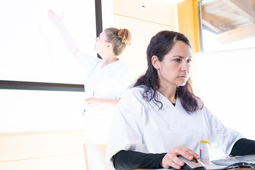 Das Foto zeigt eine Frau die am Laptop arbeitet. Im Hintergrund befindet sich eine weitere Frau, die gerade auf eine Leinwand zeigt.