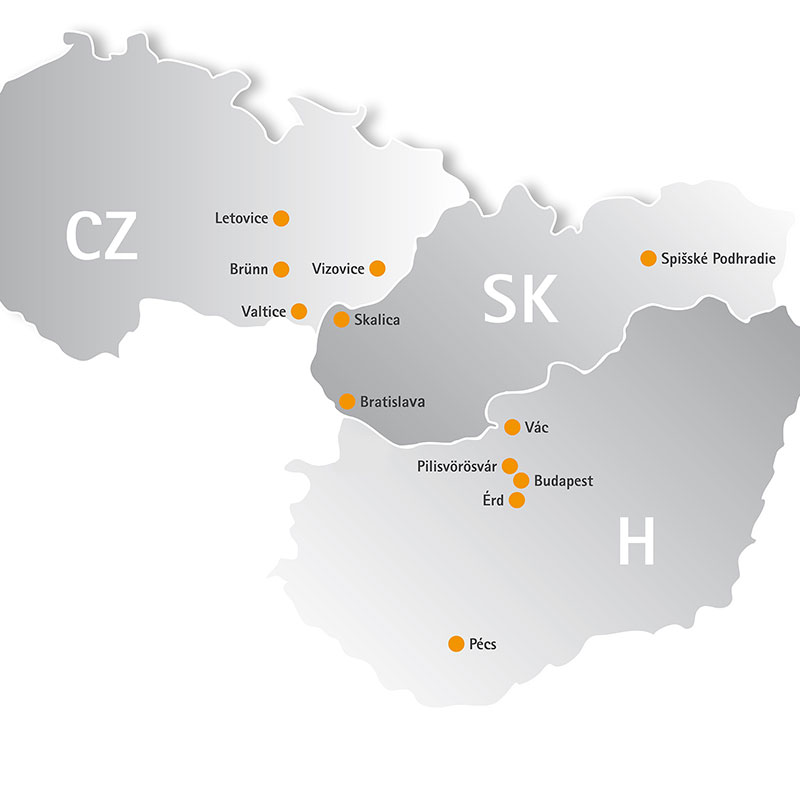 Das Bild zeigt einer Übersichtskarte der Einrichtungen der Barmherzigen Brüder in CZ, Hu und SK.