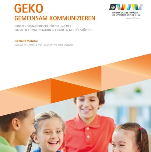Das Bild zeigt die Titelseite des Manuals - GEKO, Gemeinsam Kommunizieren mit einem Bild mit lachenden Kindern