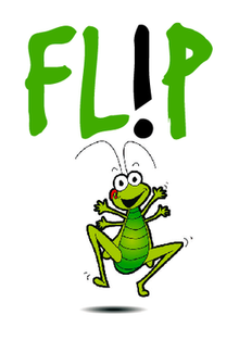 Das Bild zeigt das Logo von FLIP, das eine Illustration einer Heuschrecke enthält.