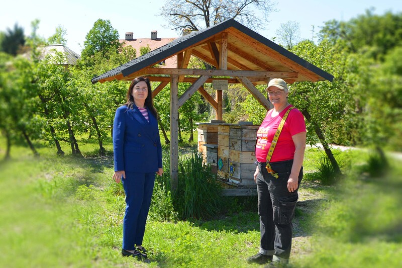 Bienengarten / EKH v.l.n.r.: KD Mag. Dr. Elke Haber, MBA und Imkerin Ing. Mag. Michaela Kohlbacher-Schneider