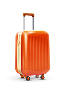 Orange travel plastic suitcase with wheels realistic on white background vector illustration